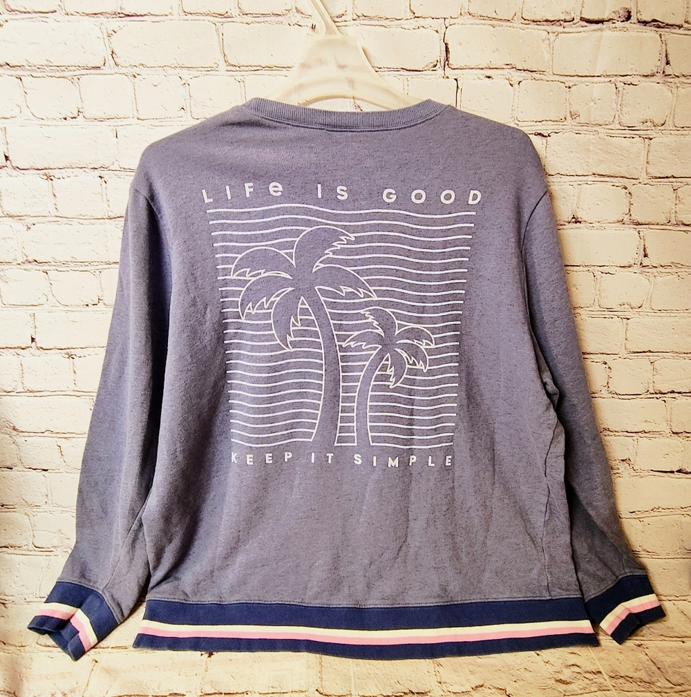 Life is Good Sweatshirt Palm Tree Keep it Simple Women's XXL Blue Ringer Lounge